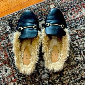 Black fur lined loader mules